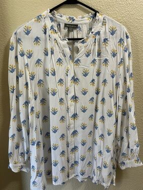 Style & Co. White Button-Front Blouse with Blue and Yellow Floral Print